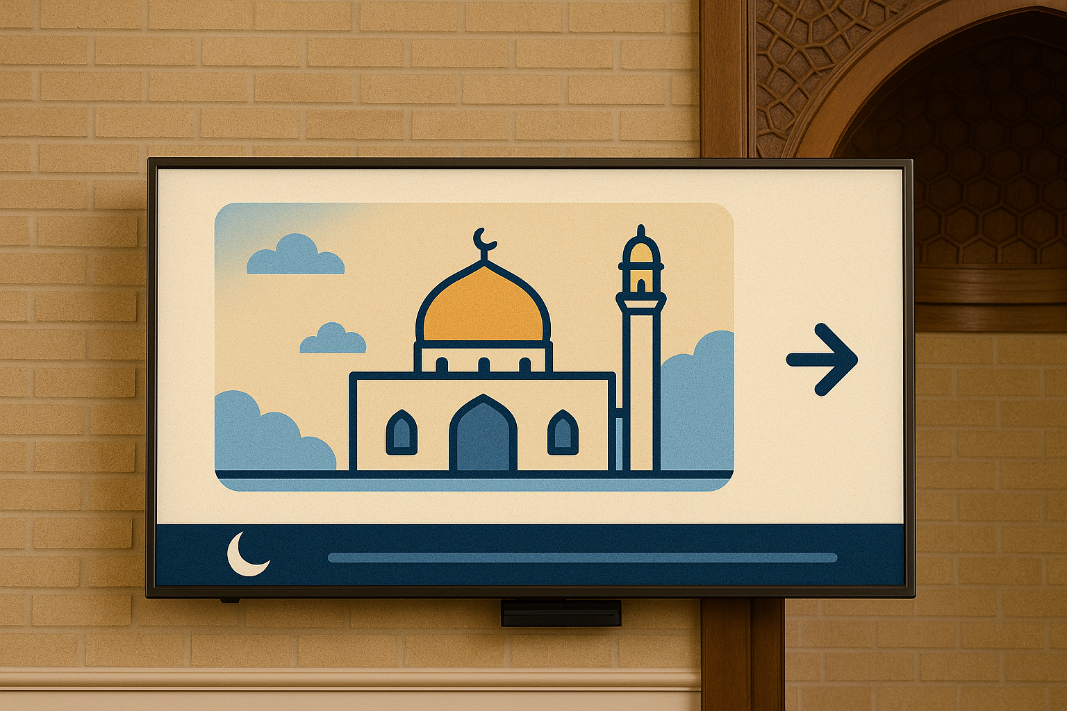 Masjid Digital Signage showing rotating announcements, event flyers, and prayer times on mosque TV display